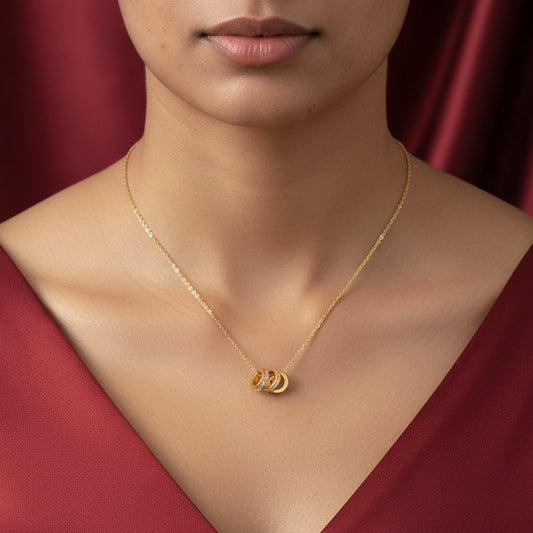 18K Gold Plated Triple Interlocking Ring Pendant Necklace for Women | Crystal Elegant Statement Jewellery