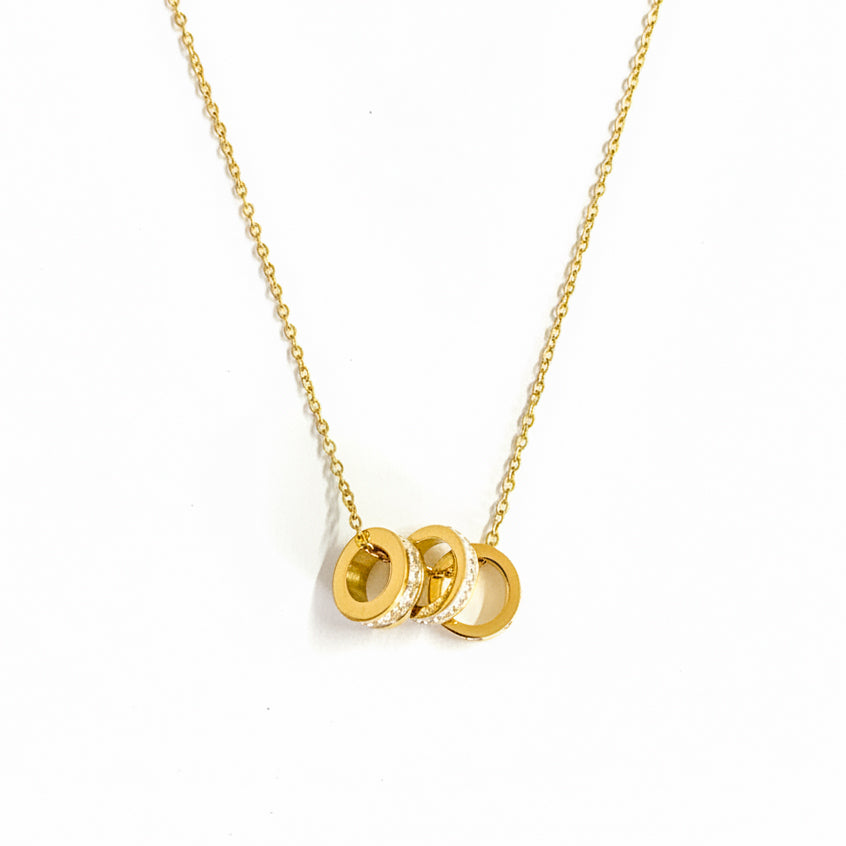 18K Gold Plated Triple Interlocking Ring Pendant Necklace for Women | Crystal Elegant Statement Jewellery