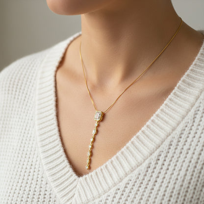 Clear Stone Vertical Drop Pendant Necklace – 18K Gold Plated