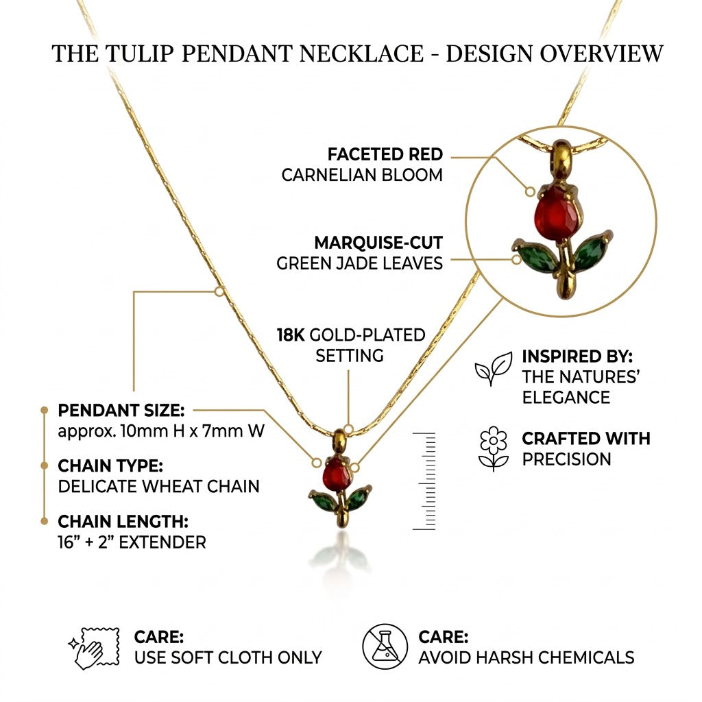 Tulip Pendant Necklace for Women – 18K Gold Plated Anti-Tarnish Floral Necklace with Red & Green Gemstones