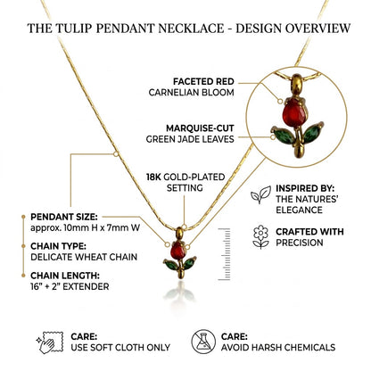 Tulip Pendant Necklace for Women – 18K Gold Plated Anti-Tarnish Floral Necklace with Red & Green Gemstones