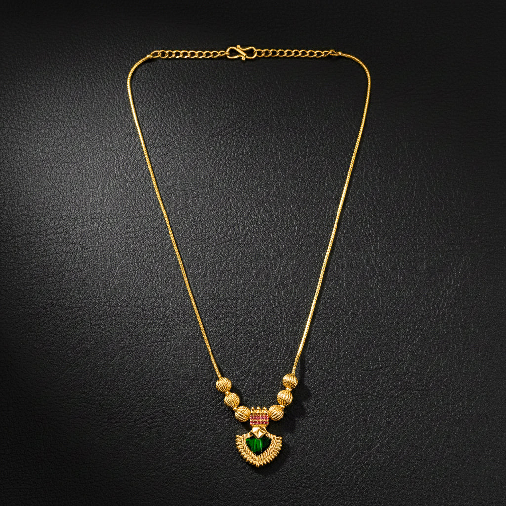 22K Gold Plated Palakka Green Stone Pendant Necklace | Traditional Jewellery