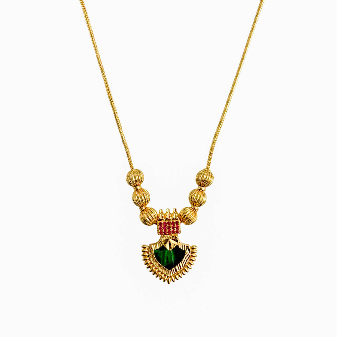 22K Gold Plated Palakka Green Stone Pendant Necklace | Traditional Jewellery
