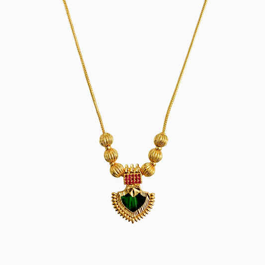 22K Gold Plated Palakka Green Stone Pendant Necklace | Traditional Jewellery