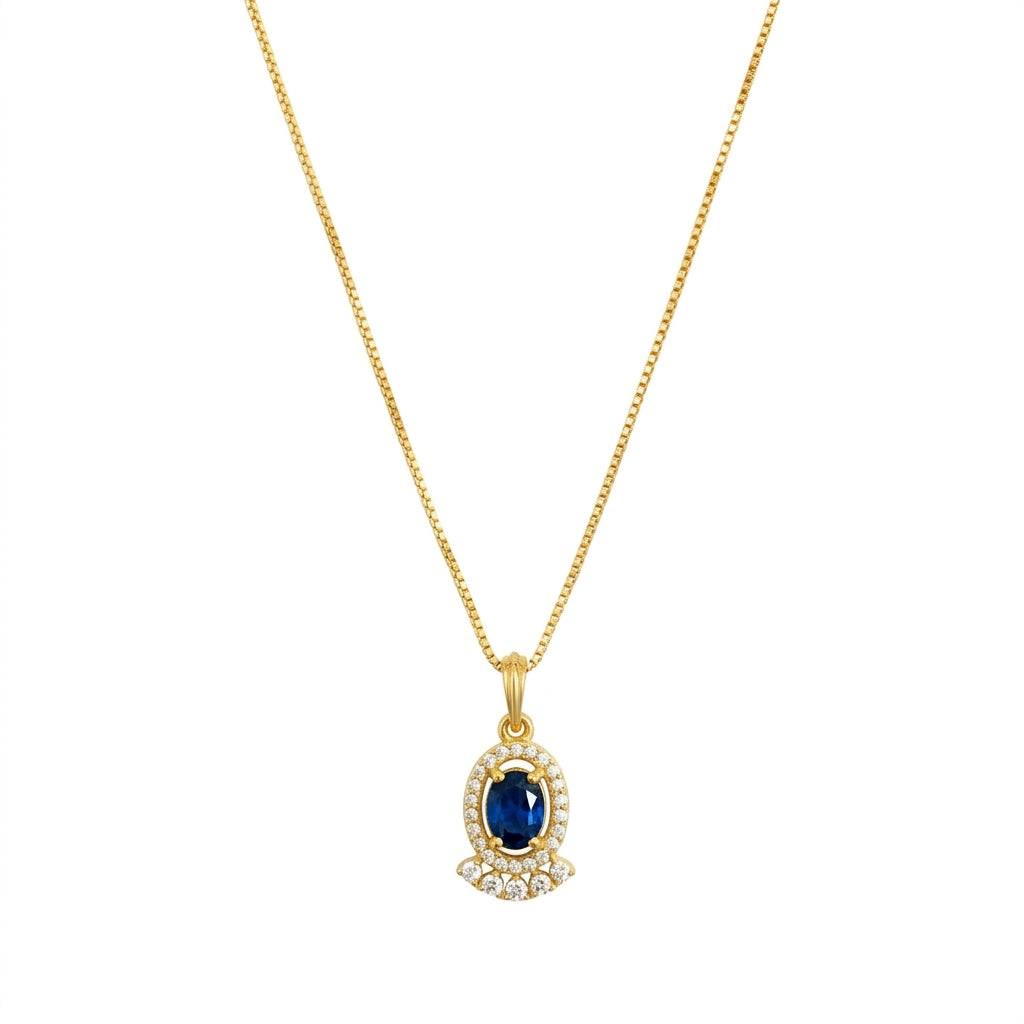 22K Gold Plated Blue Stone Pendant Necklace for Women | CZ Studded Oval Pendant | Elegant Minimal Jewellery