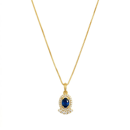 22K Gold Plated Blue Stone Pendant Necklace for Women | CZ Studded Oval Pendant | Elegant Minimal Jewellery
