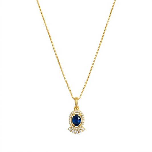 22K Gold Plated Blue Stone Pendant Necklace for Women | CZ Studded Oval Pendant | Elegant Minimal Jewellery
