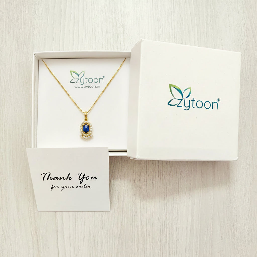 22K Gold Plated Blue Stone Pendant Necklace for Women | CZ Studded Oval Pendant | Elegant Minimal Jewellery