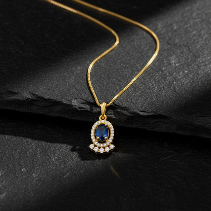 22K Gold Plated Blue Stone Pendant Necklace for Women | CZ Studded Oval Pendant | Elegant Minimal Jewellery