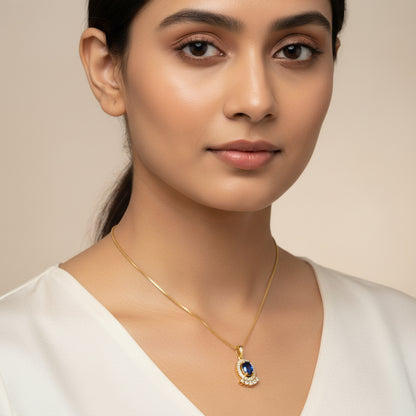 22K Gold Plated Blue Stone Pendant Necklace for Women | CZ Studded Oval Pendant | Elegant Minimal Jewellery
