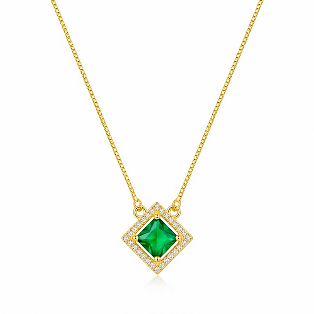 22K Gold Plated Green Stone Pendant Necklace for Women | CZ Studded Square Pendant | Elegant Minimal Jewellery