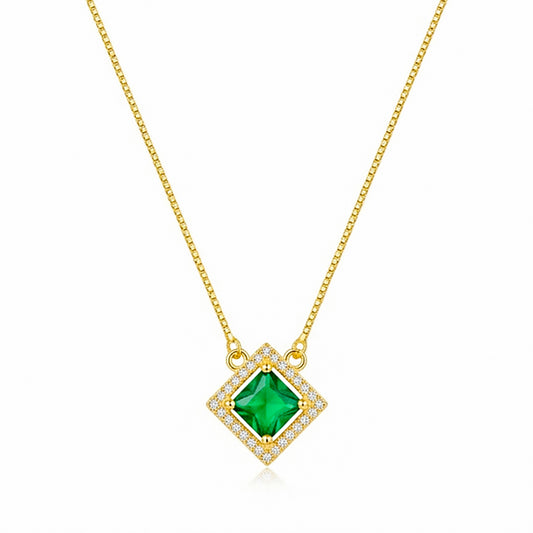 22K Gold Plated Green Stone Pendant Necklace for Women | CZ Studded Square Pendant | Elegant Minimal Jewellery