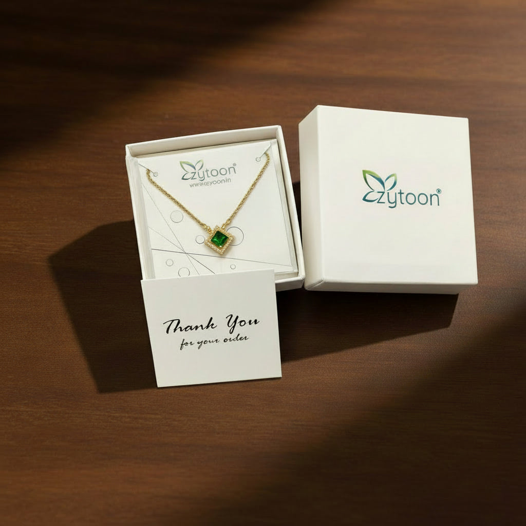 22K Gold Plated Green Stone Pendant Necklace for Women | CZ Studded Square Pendant | Elegant Minimal Jewellery