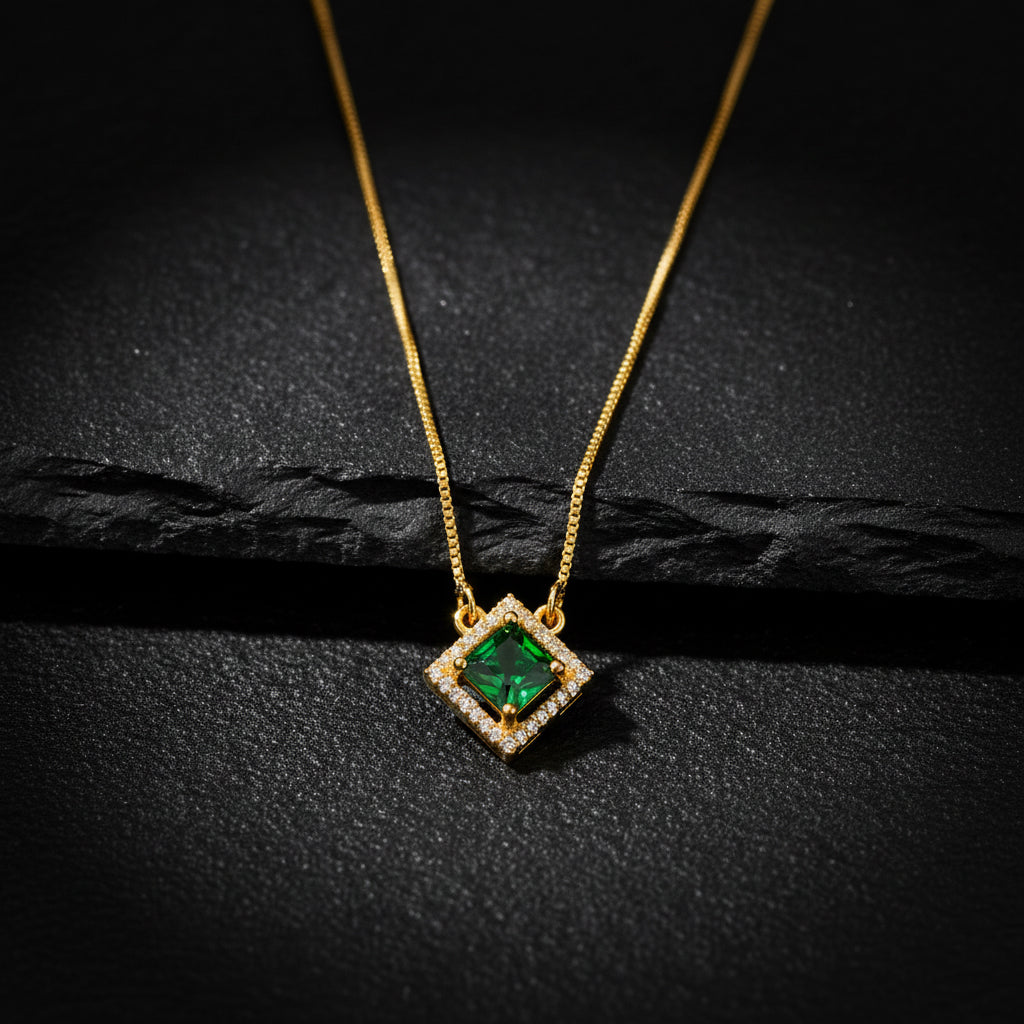 22K Gold Plated Green Stone Pendant Necklace for Women | CZ Studded Square Pendant | Elegant Minimal Jewellery