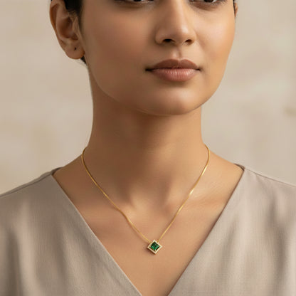22K Gold Plated Green Stone Pendant Necklace for Women | CZ Studded Square Pendant | Elegant Minimal Jewellery