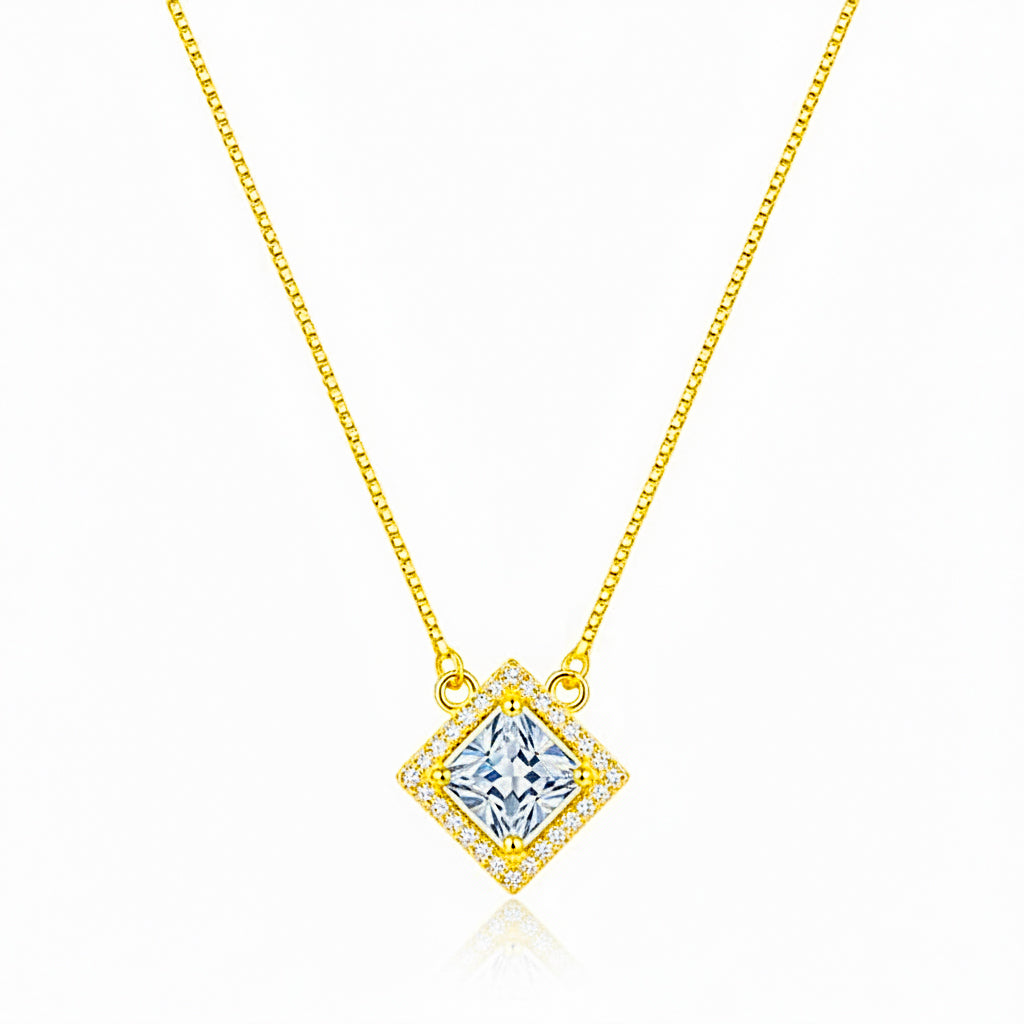 22K Gold Plated Green Stone Pendant Necklace for Women | CZ Studded Square Pendant | Elegant Minimal Jewellery