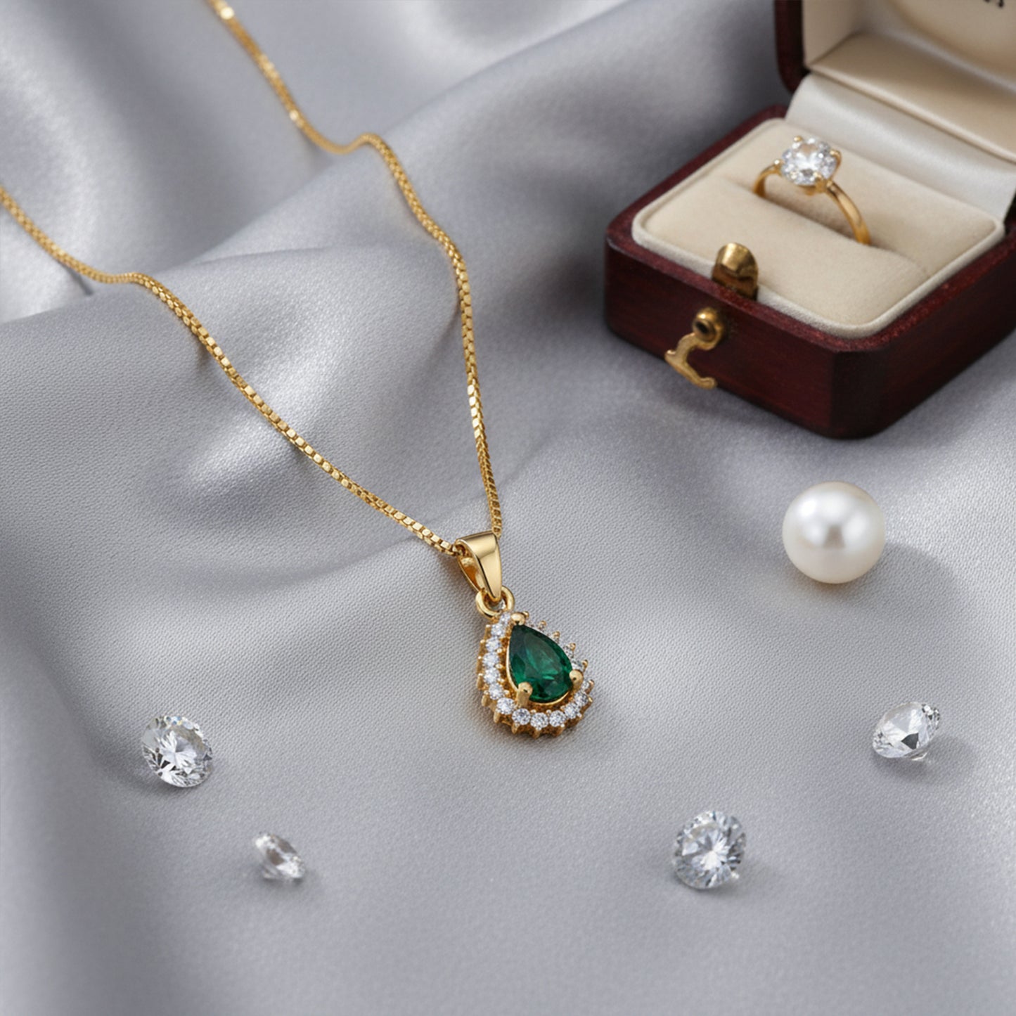 22K Gold Plated AD Teardrop Halo Pendant Necklace