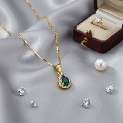 22K Gold Plated AD Teardrop Halo Pendant Necklace