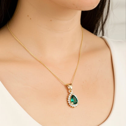 22K Gold Plated AD Teardrop Halo Pendant Necklace