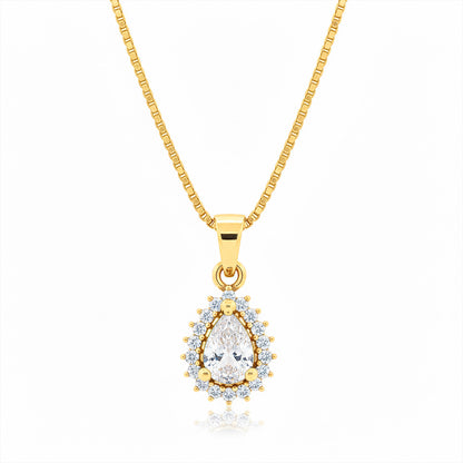 22K Gold Plated AD Teardrop Halo Pendant Necklace