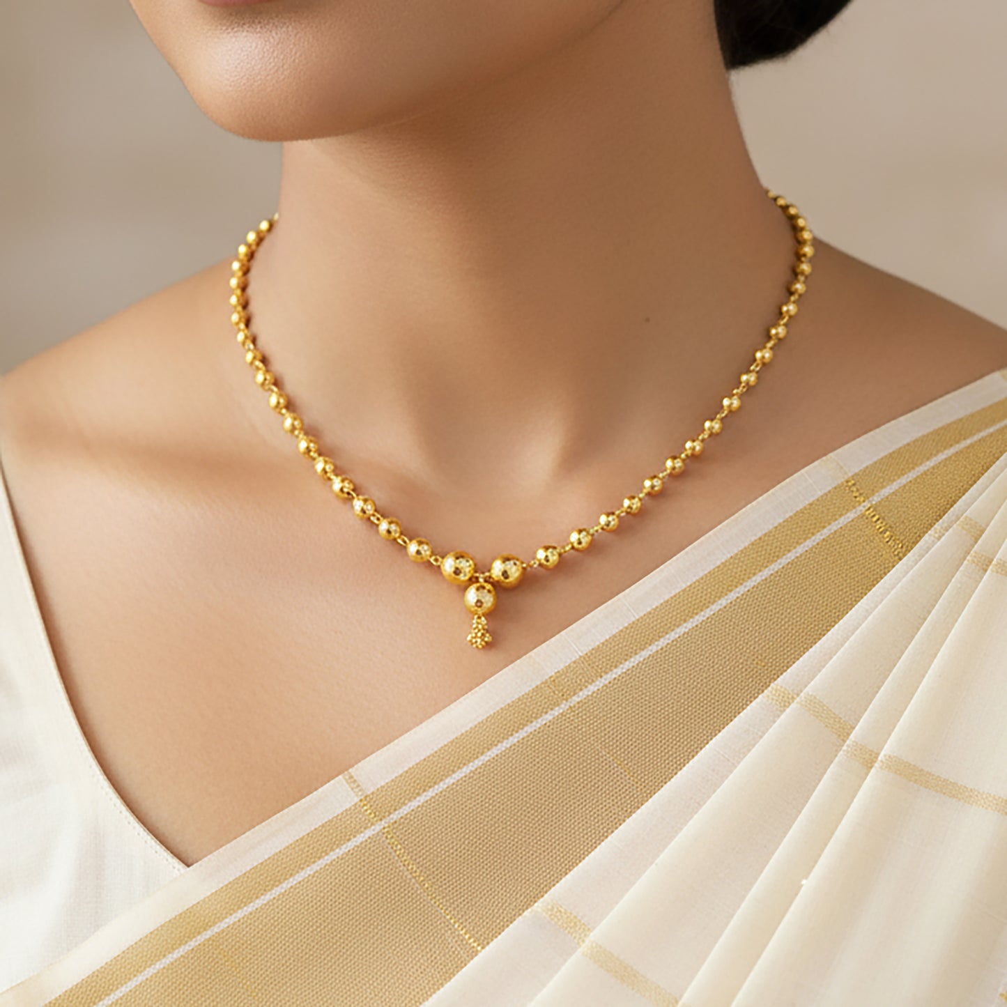 22K Gold Plated Beaded Drop Necklace for Women | Minimal Single Layer Dumbbell Chain | Elegant Daily Wear Jewellery