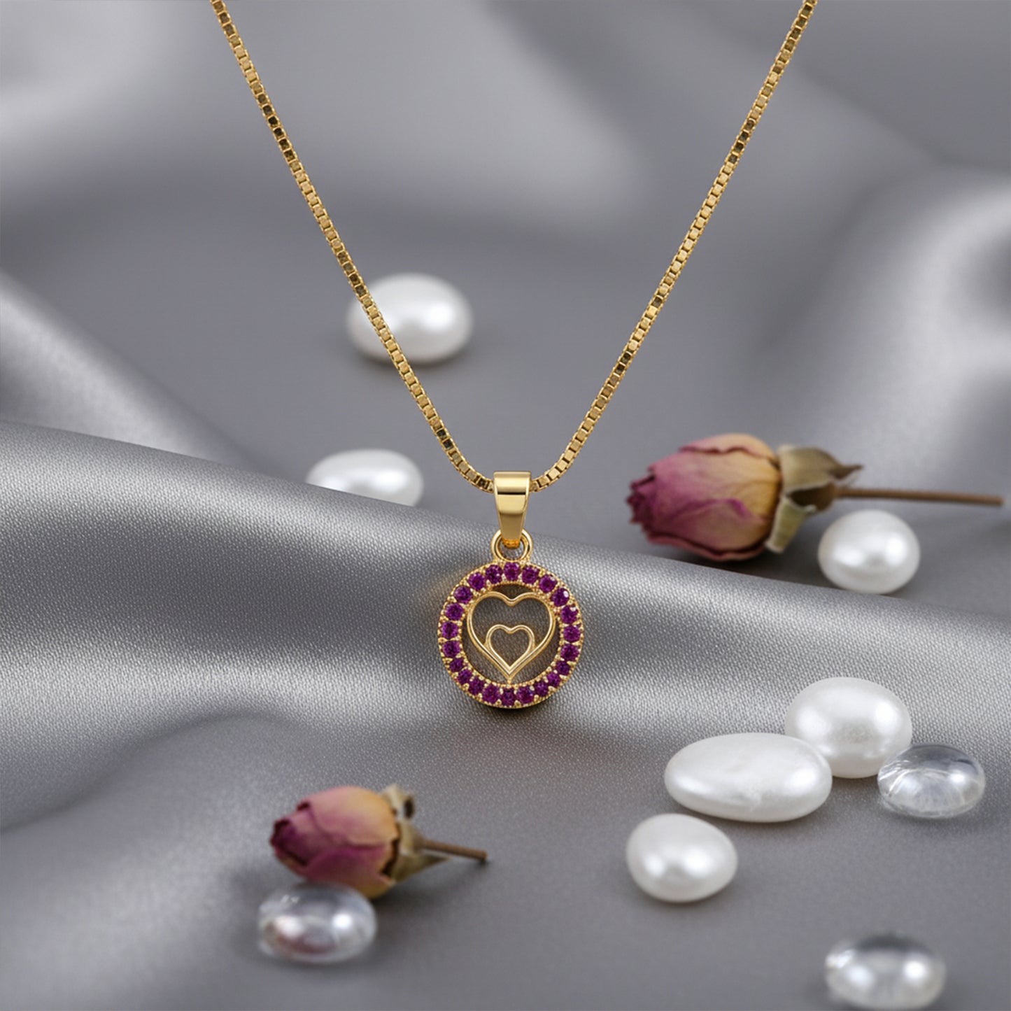 22K Gold Plated Pink Heart Halo Pendant Necklace