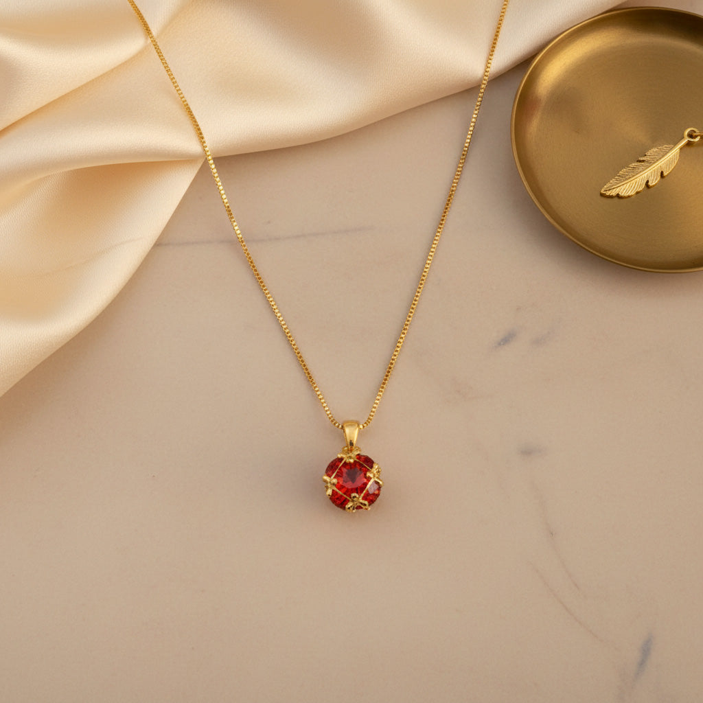 22K Gold Plated Red Crystal Pendant Necklace for Women