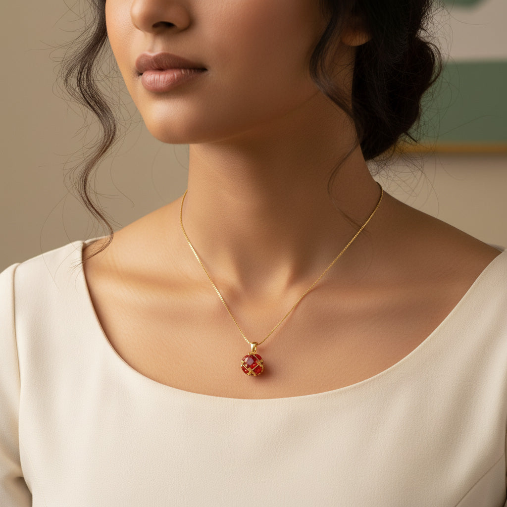 22K Gold Plated Red Crystal Pendant Necklace for Women