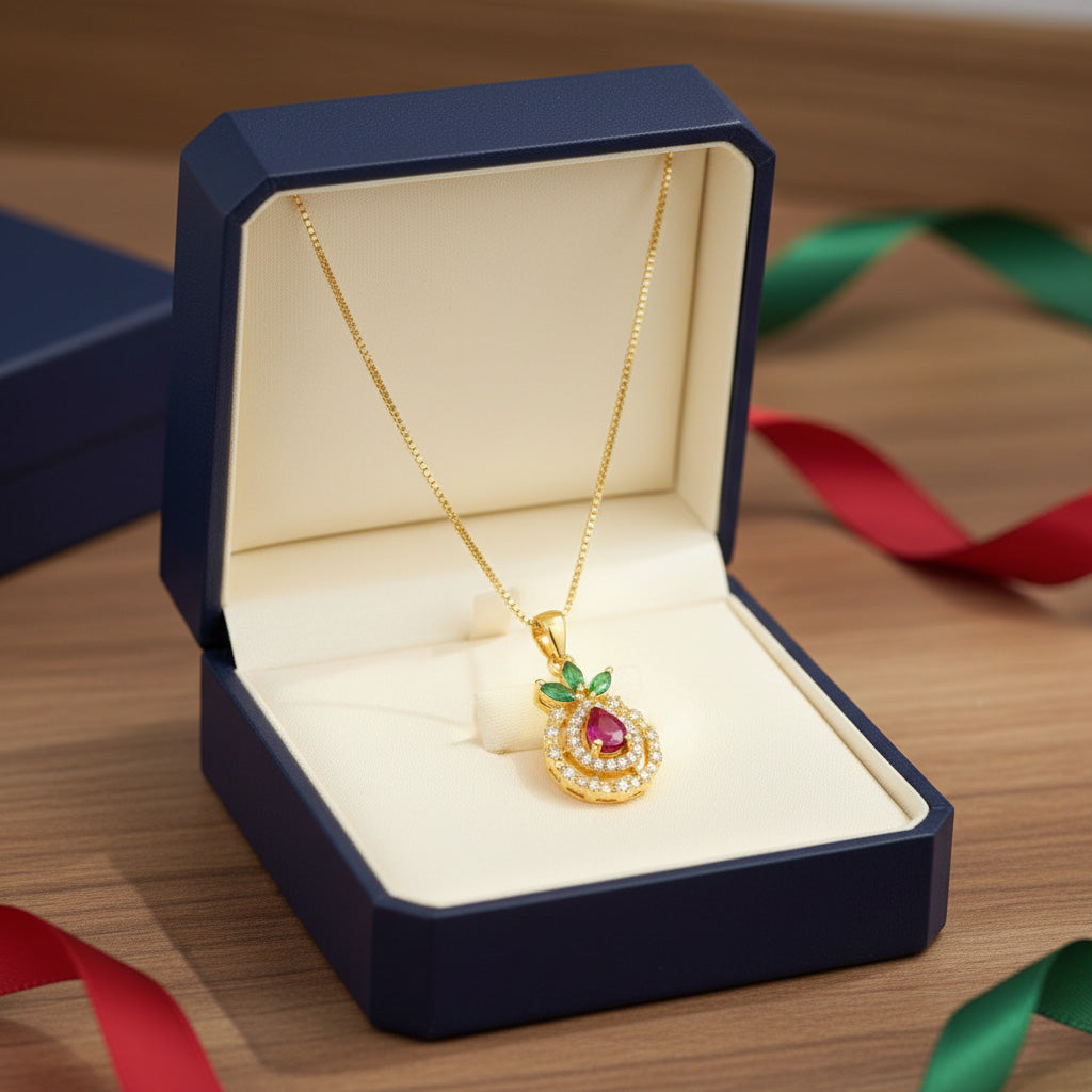 22K Gold Plated Ruby Drop Pendant with Green Leaf Design