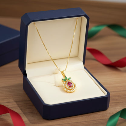 22K Gold Plated Ruby Drop Pendant with Green Leaf Design