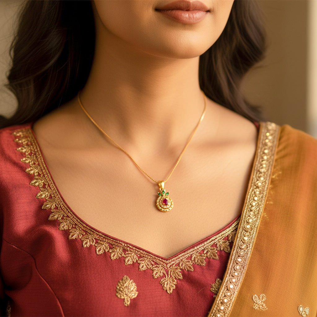 22K Gold Plated Ruby Drop Pendant with Green Leaf Design