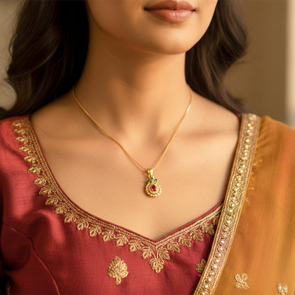 22K Gold Plated Ruby Drop Pendant with Green Leaf Design