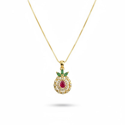 22K Gold Plated Ruby Drop Pendant with Green Leaf Design