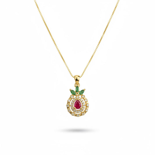 22K Gold Plated Ruby Drop Pendant with Green Leaf Design