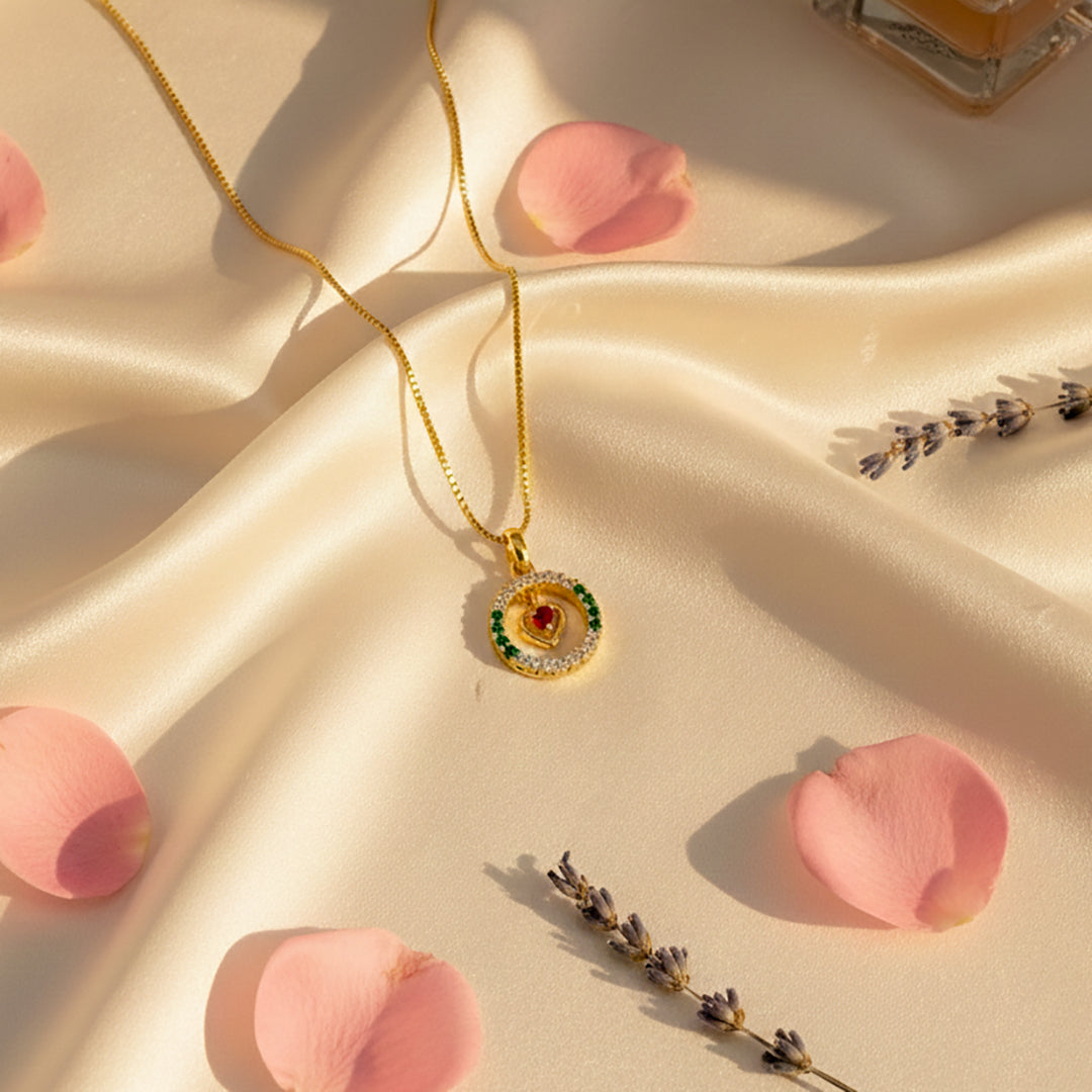 22K Gold Plated Ruby Heart Circle Pendant Necklace