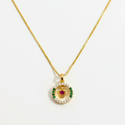 22K Gold Plated Ruby Heart Circle Pendant Necklace