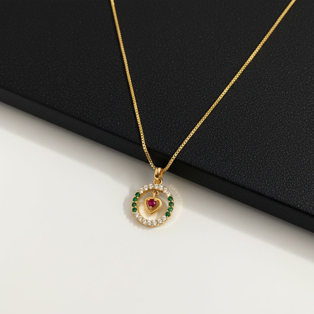 22K Gold Plated Ruby Heart Circle Pendant Necklace