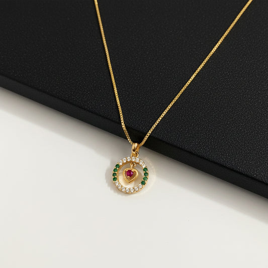 22K Gold Plated Ruby Heart Circle Pendant Necklace