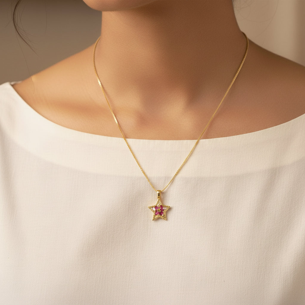 22K Gold Plated Star Pendant Necklace with Ruby Stones