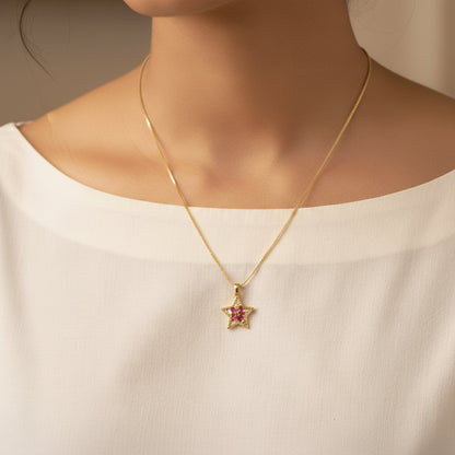 22K Gold Plated Star Pendant Necklace with Ruby Stones