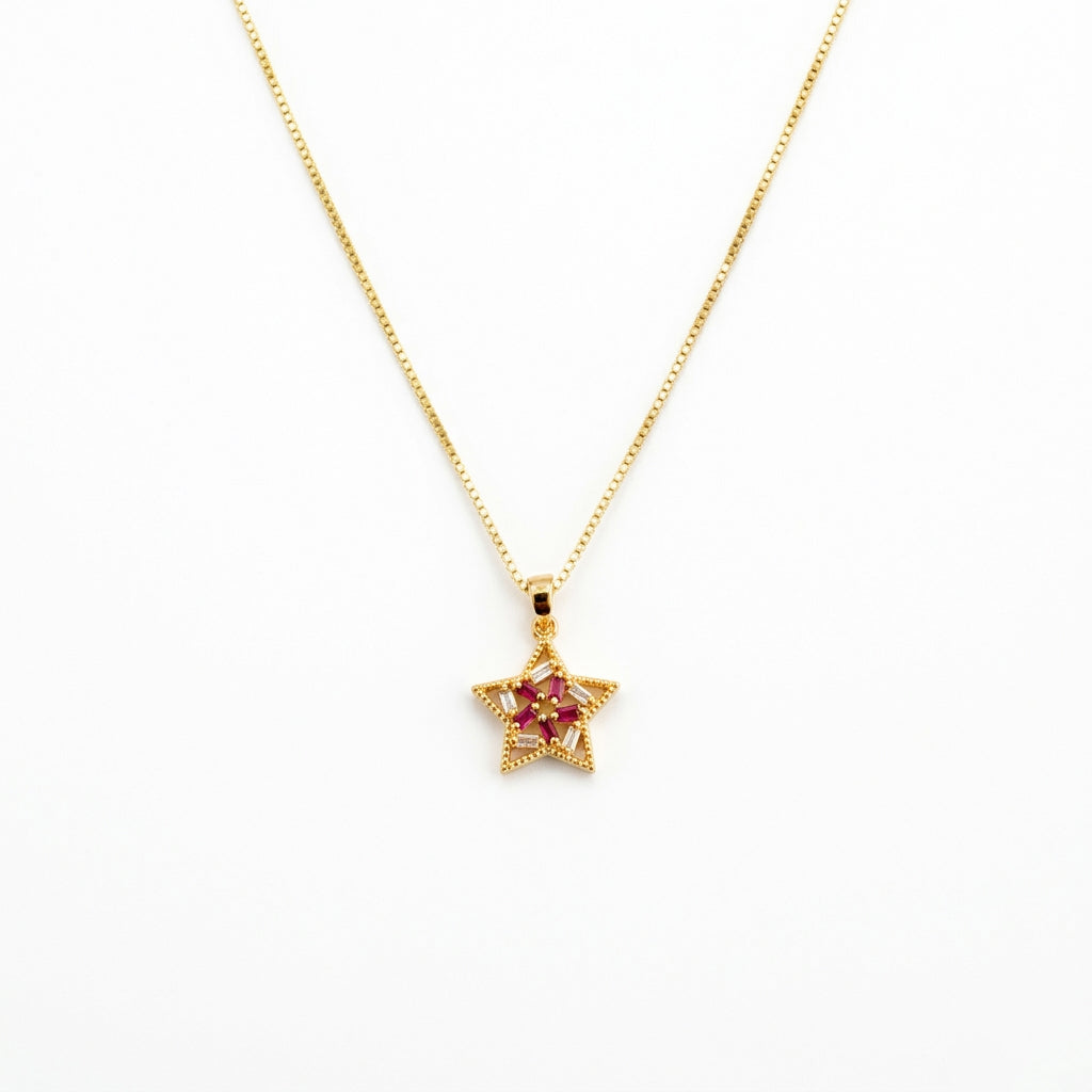22K Gold Plated Star Pendant Necklace with Ruby Stones