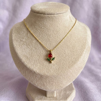 Tulip Pendant Necklace for Women – 18K Gold Plated Anti-Tarnish Floral Necklace with Red & Green Gemstones