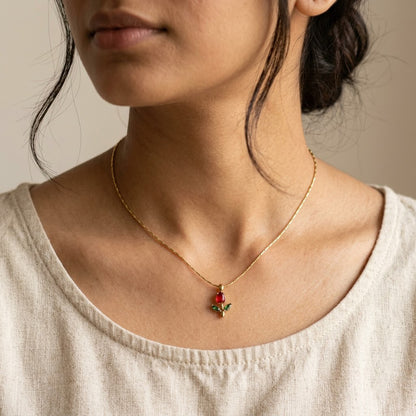 Tulip Pendant Necklace for Women – 18K Gold Plated Anti-Tarnish Floral Necklace with Red & Green Gemstones