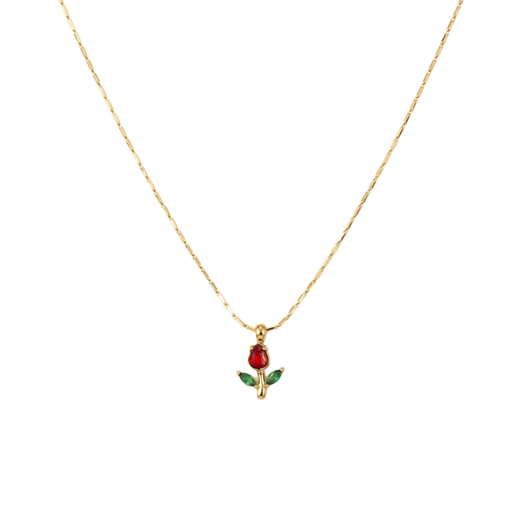 Tulip Pendant Necklace for Women – 18K Gold Plated Anti-Tarnish Floral Necklace with Red & Green Gemstones