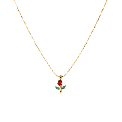 Tulip Pendant Necklace for Women – 18K Gold Plated Anti-Tarnish Floral Necklace with Red & Green Gemstones