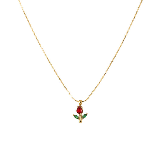 Tulip Pendant Necklace for Women – 18K Gold Plated Anti-Tarnish Floral Necklace with Red & Green Gemstones