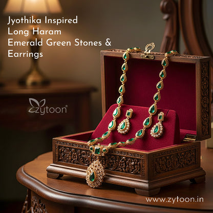 Jyothika Emerald Gold-Plated Long Necklace Set with Green Stones & Earrings