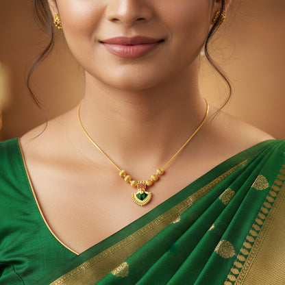 22K Gold Plated Palakka Green Stone Pendant Necklace | Traditional Jewellery