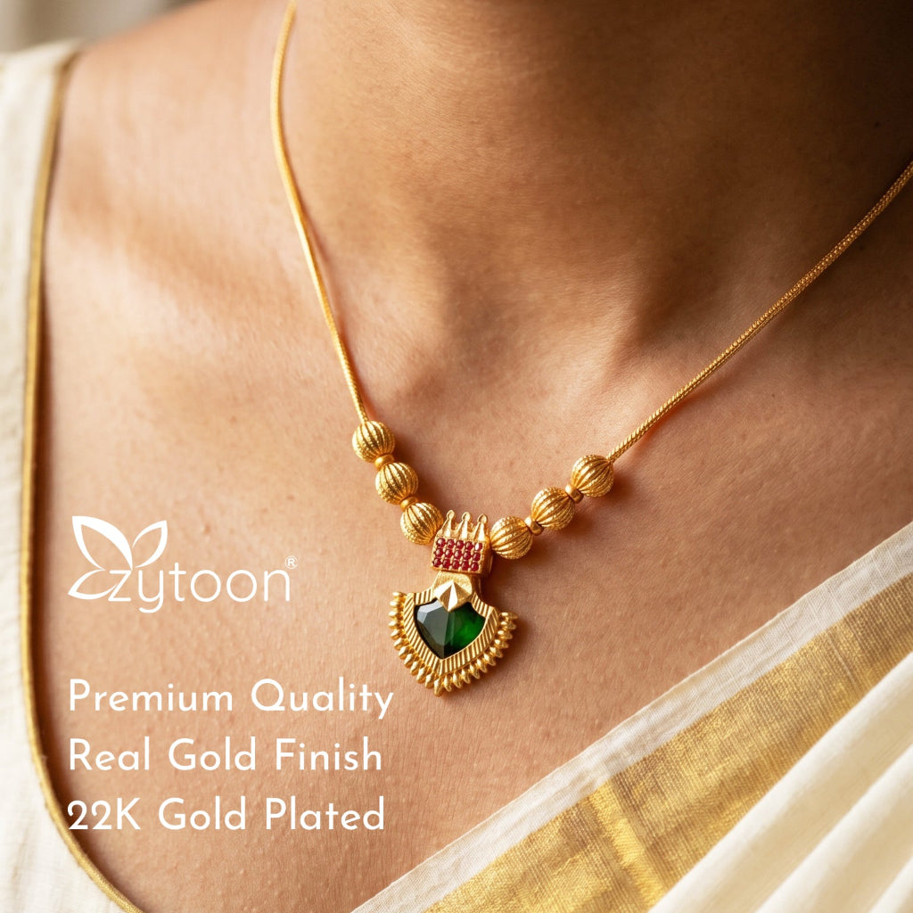 22K Gold Plated Palakka Green Stone Pendant Necklace | Traditional Jewellery