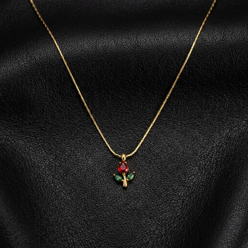 Tulip Pendant Necklace for Women – 18K Gold Plated Anti-Tarnish Floral Necklace with Red & Green Gemstones
